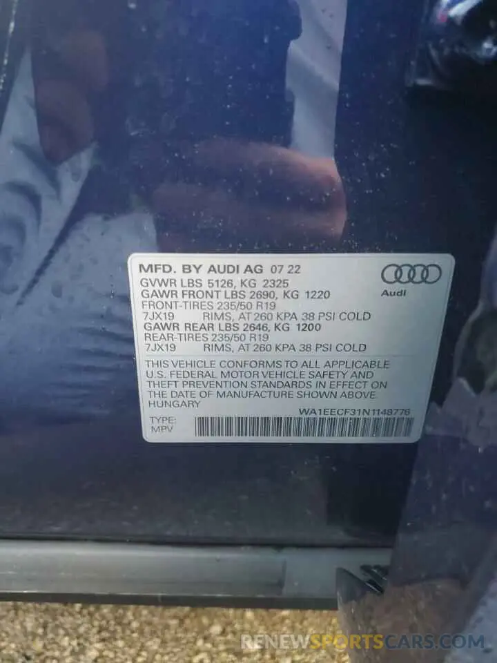 14 fotografías del automóvil dañado WA1EECF31N1148776 AUDI Q3 2022