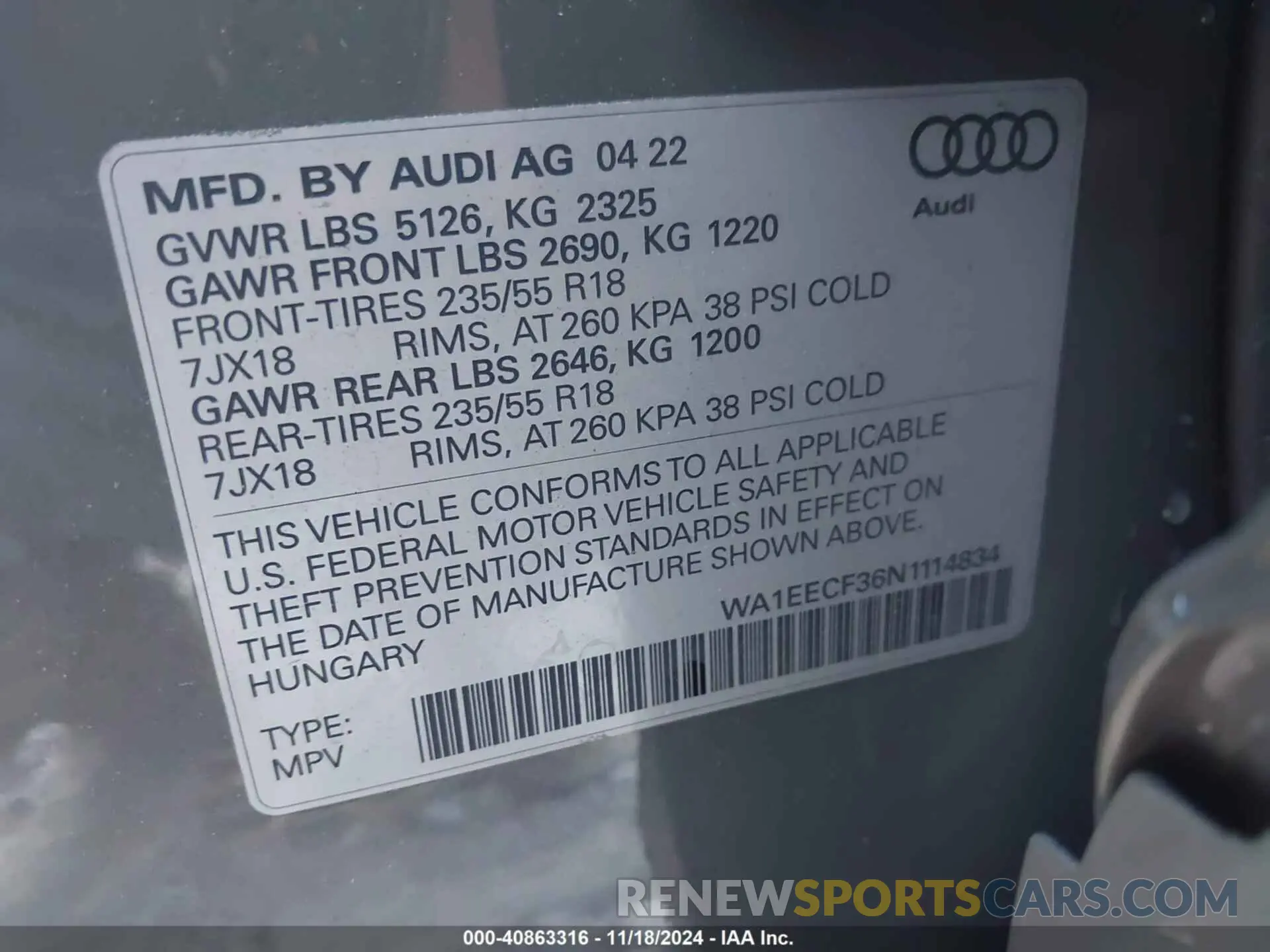 9 fotografías del automóvil dañado WA1EECF36N1114834 AUDI Q3 2022