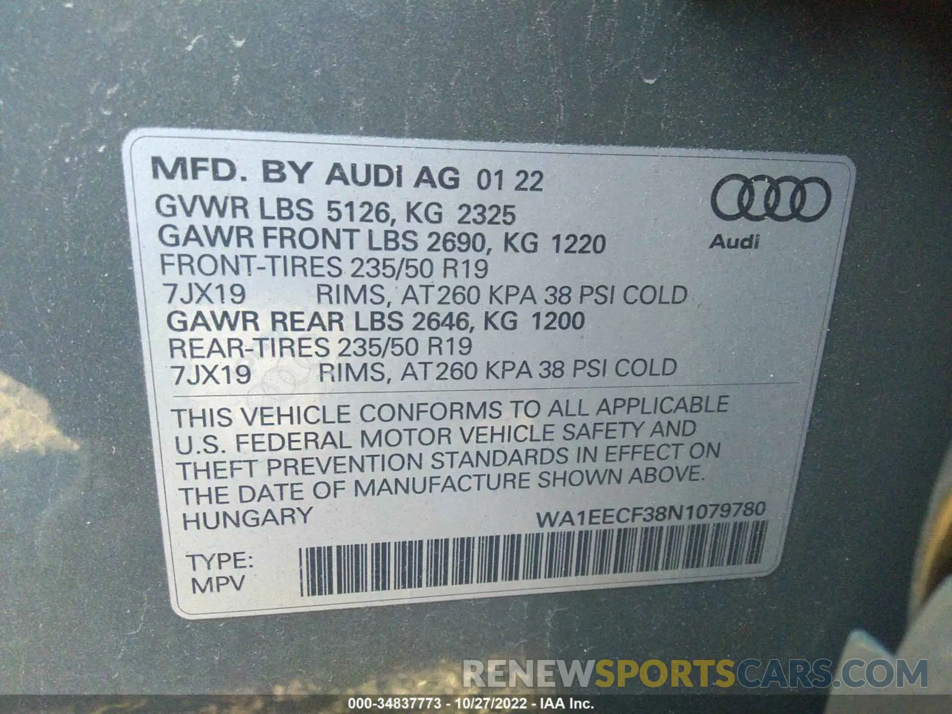 9 fotografías del automóvil dañado WA1EECF38N1079780 AUDI Q3 2022