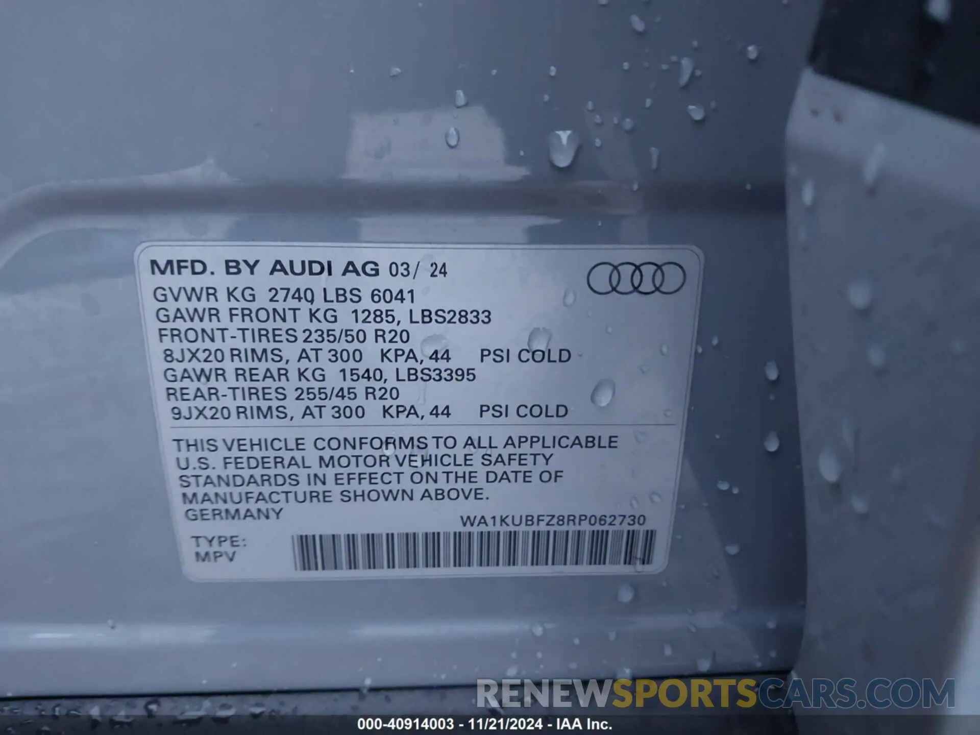 9 fotografías del automóvil dañado WA1KUBFZ8RP062730 AUDI Q4 E-TRON 2024