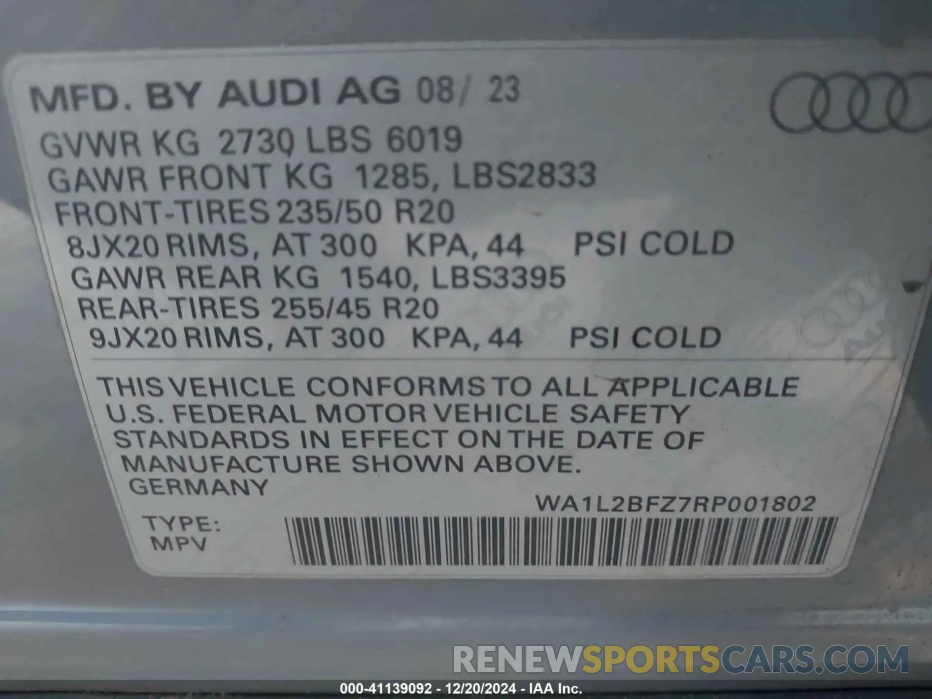9 fotografías del automóvil dañado WA1L2BFZ7RP001802 AUDI Q4 E-TRON 2024