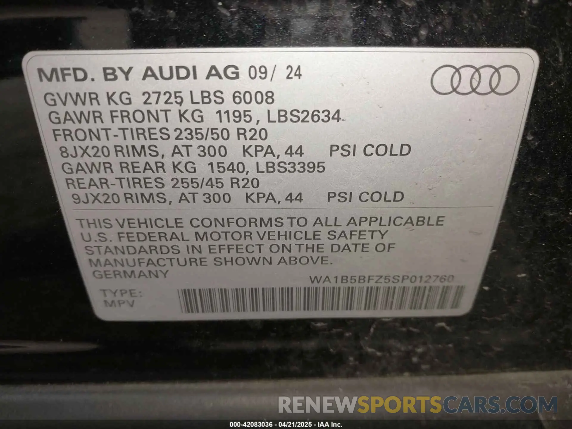 9 fotografías del automóvil dañado WA1B5BFZ5SP012760 AUDI Q4 E-TRON 2025
