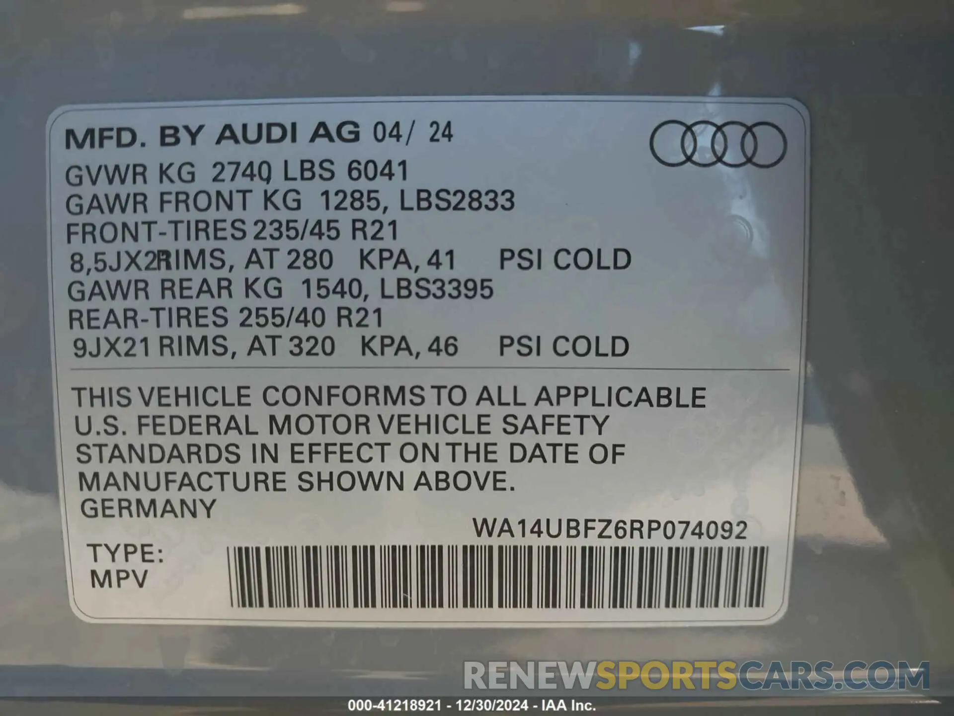 9 fotografías del automóvil dañado WA14UBFZ6RP074092 AUDI Q4 SPORTBACK E-TRON 2024