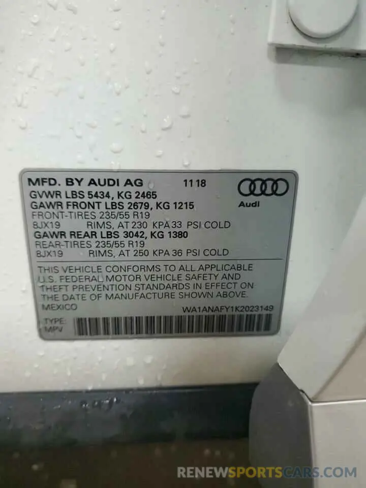 13 fotografías del automóvil dañado WA1ANAFY1K2023149 AUDI Q5 2019