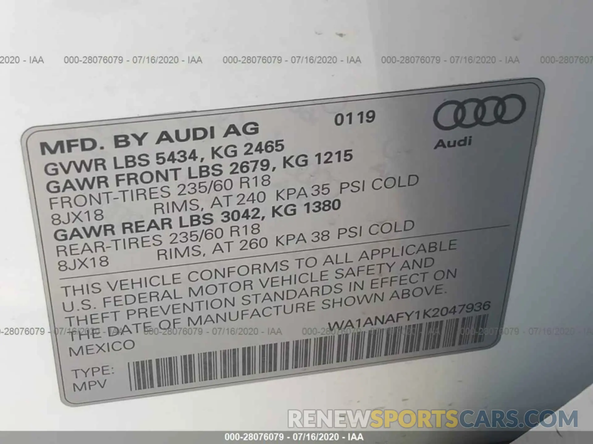 9 fotografías del automóvil dañado WA1ANAFY1K2047936 AUDI Q5 2019