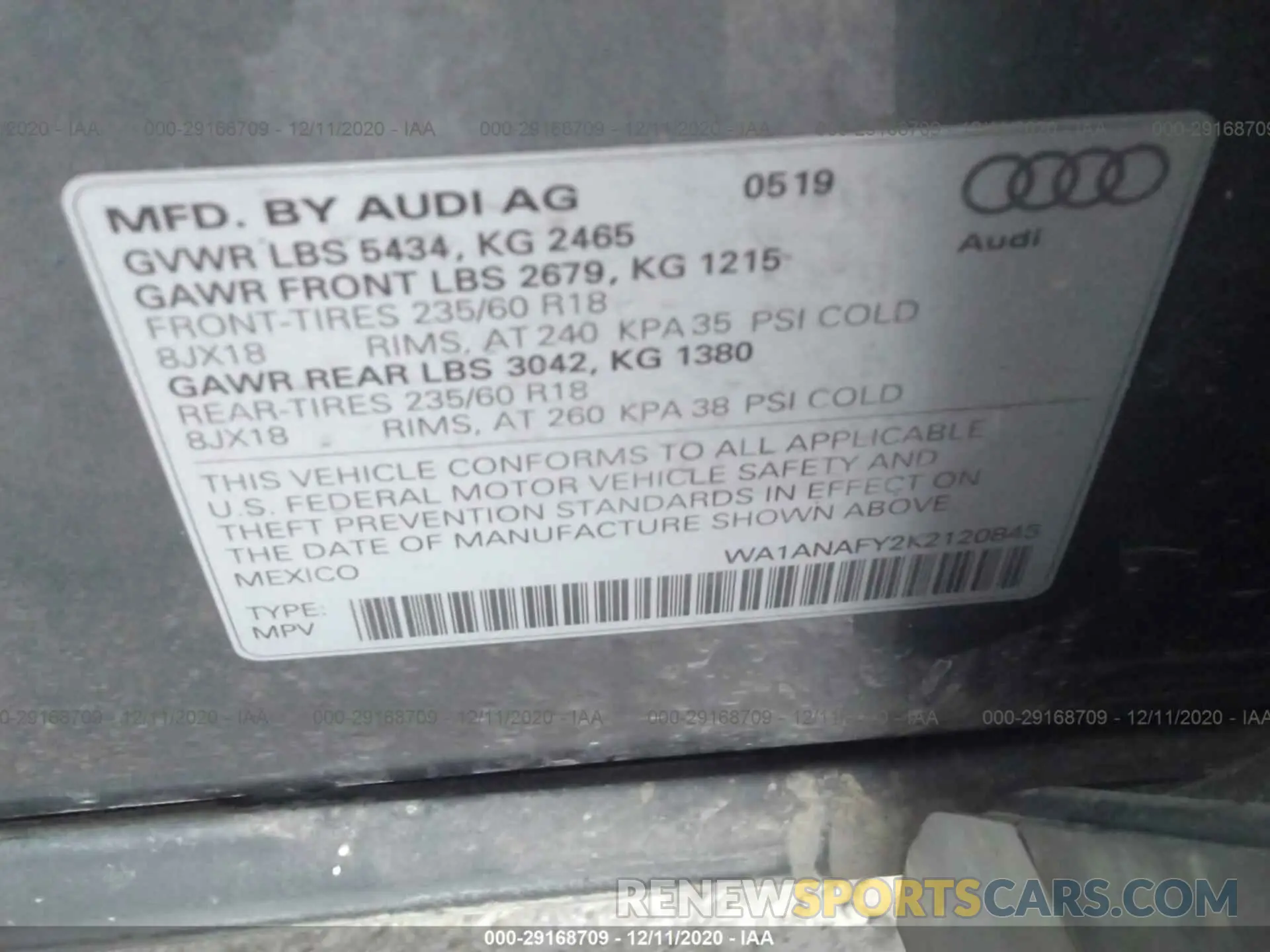 9 fotografías del automóvil dañado WA1ANAFY2K2120845 AUDI Q5 2019