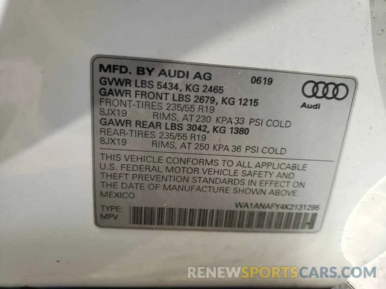 10 fotografías del automóvil dañado WA1ANAFY4K2131295 AUDI Q5 2019