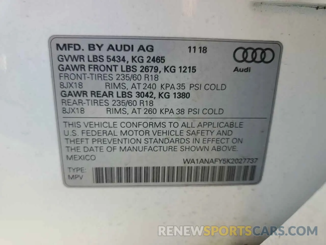 14 fotografías del automóvil dañado WA1ANAFY5K2027737 AUDI Q5 2019