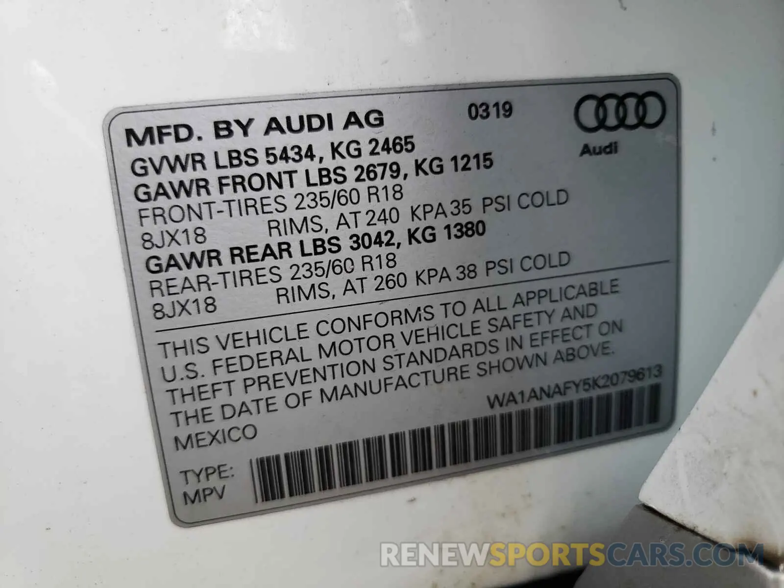 10 fotografías del automóvil dañado WA1ANAFY5K2079613 AUDI Q5 2019