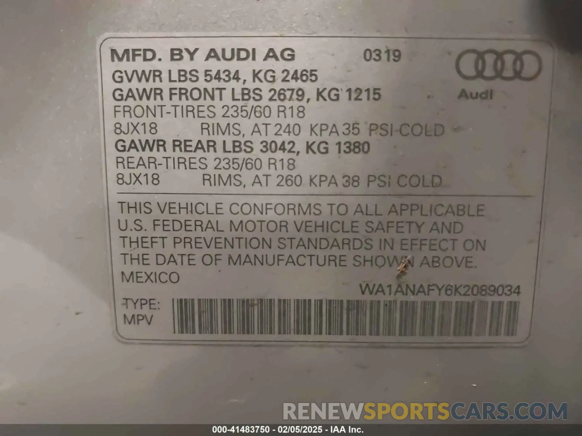 9 fotografías del automóvil dañado WA1ANAFY6K2089034 AUDI Q5 2019