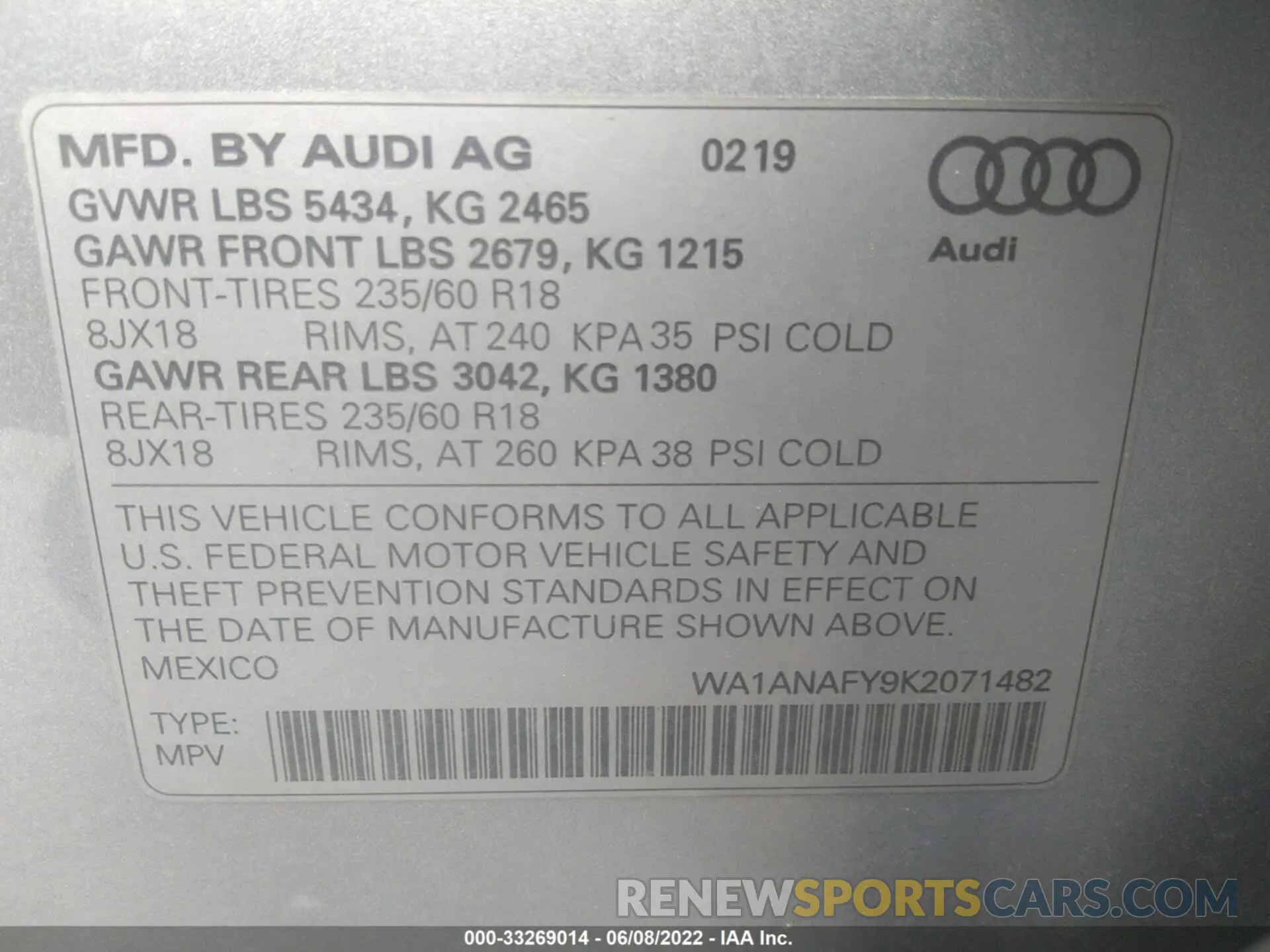 9 fotografías del automóvil dañado WA1ANAFY9K2071482 AUDI Q5 2019