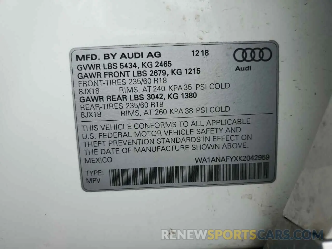 13 fotografías del automóvil dañado WA1ANAFYXK2042959 AUDI Q5 2019