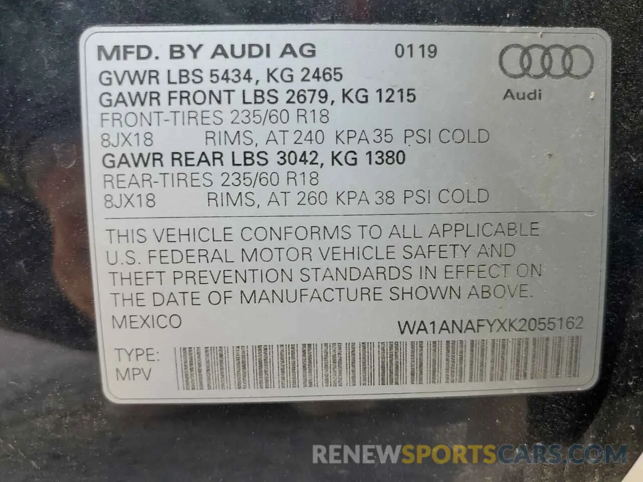 13 fotografías del automóvil dañado WA1ANAFYXK2055162 AUDI Q5 2019