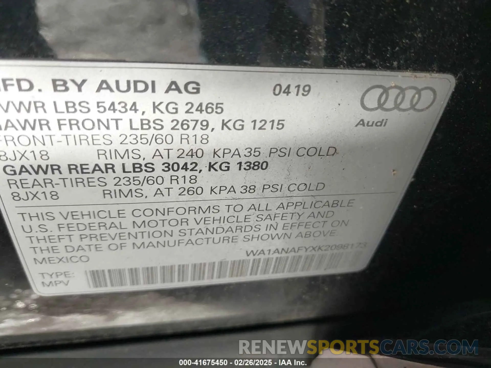 9 fotografías del automóvil dañado WA1ANAFYXK2098173 AUDI Q5 2019
