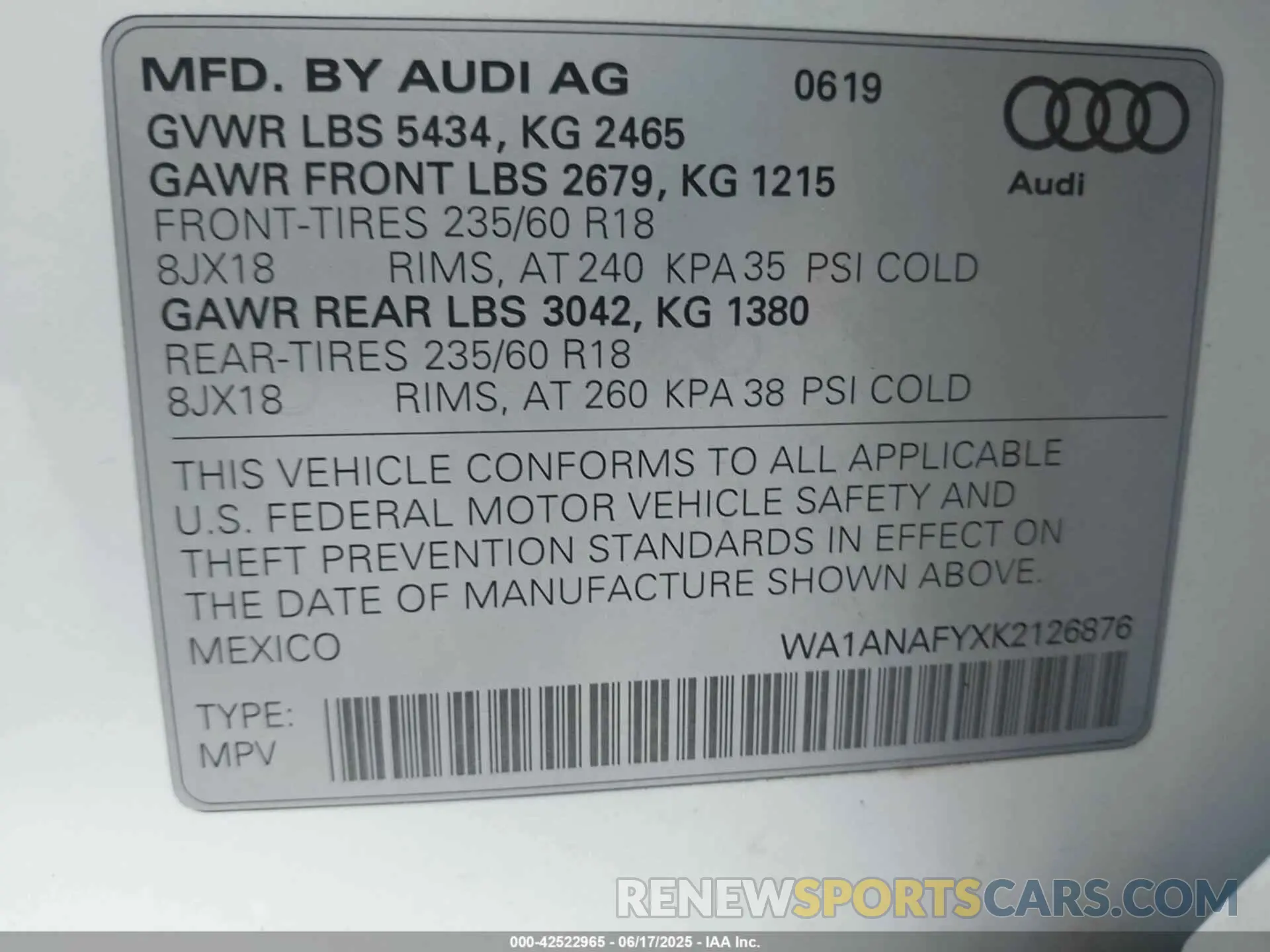 9 fotografías del automóvil dañado WA1ANAFYXK2126876 AUDI Q5 2019