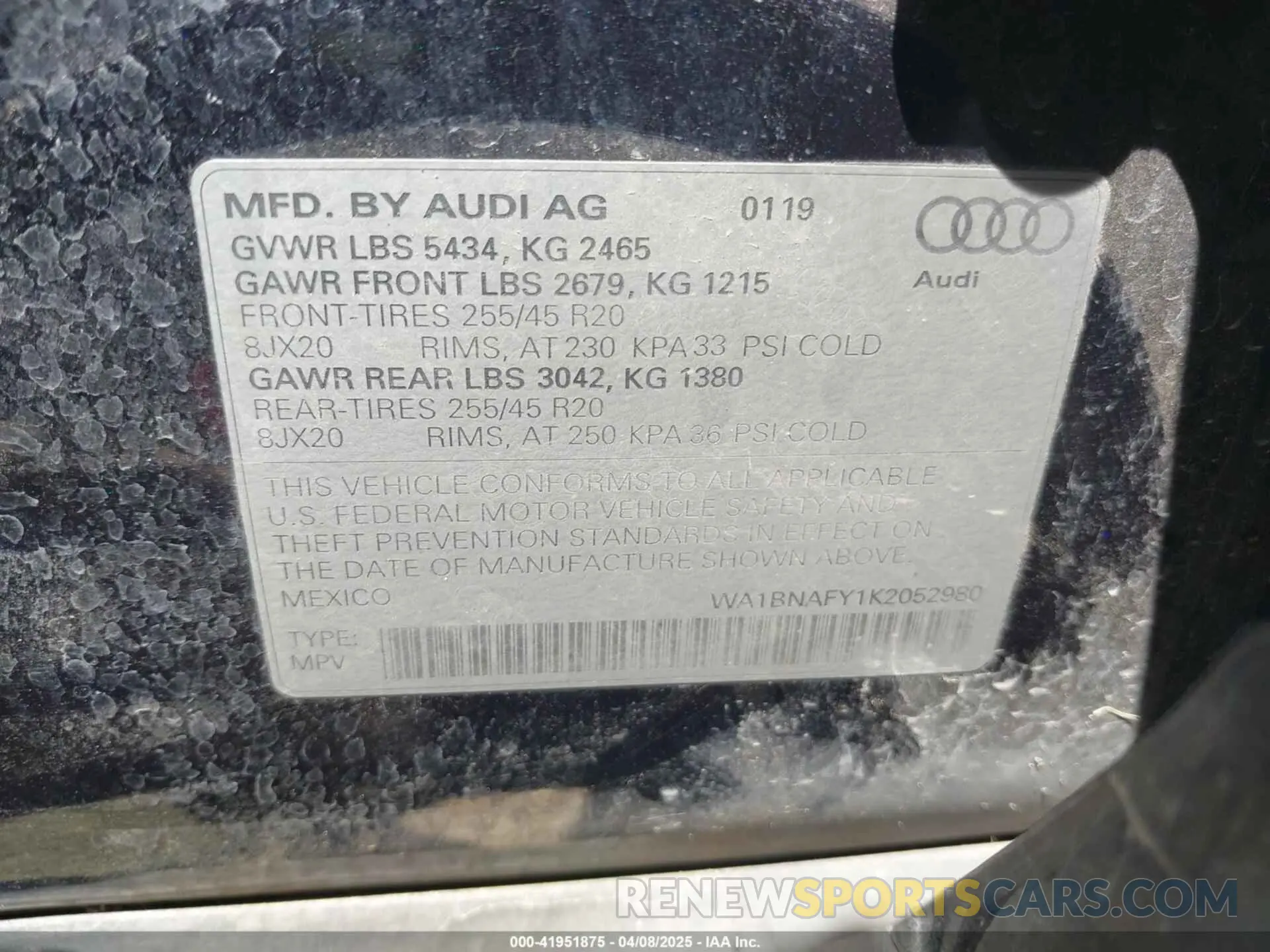 9 fotografías del automóvil dañado WA1BNAFY1K2052980 AUDI Q5 2019