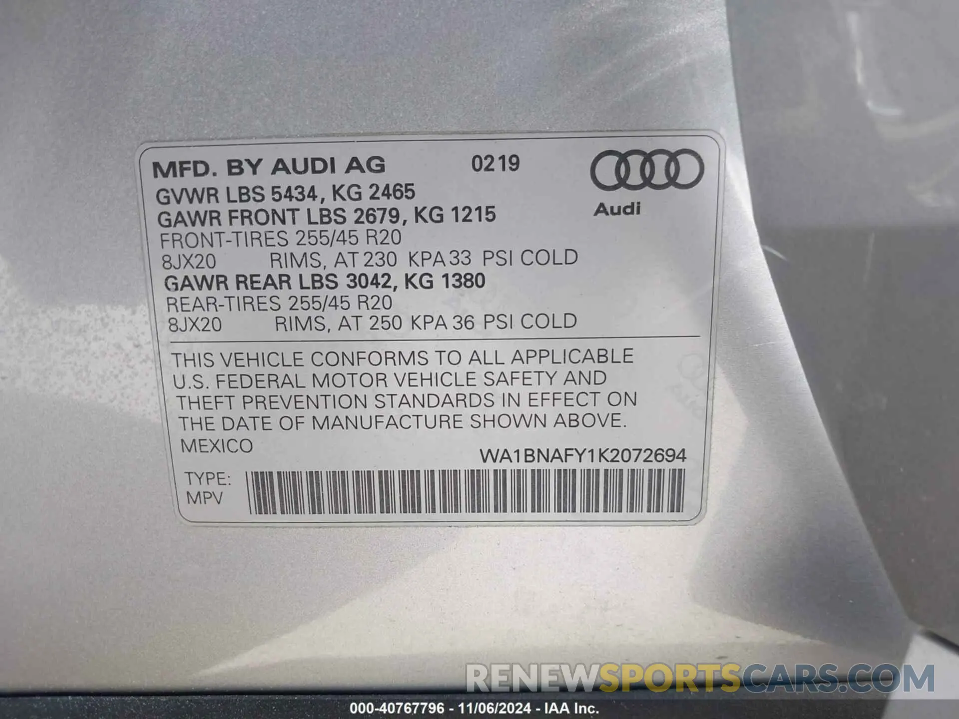 9 fotografías del automóvil dañado WA1BNAFY1K2072694 AUDI Q5 2019