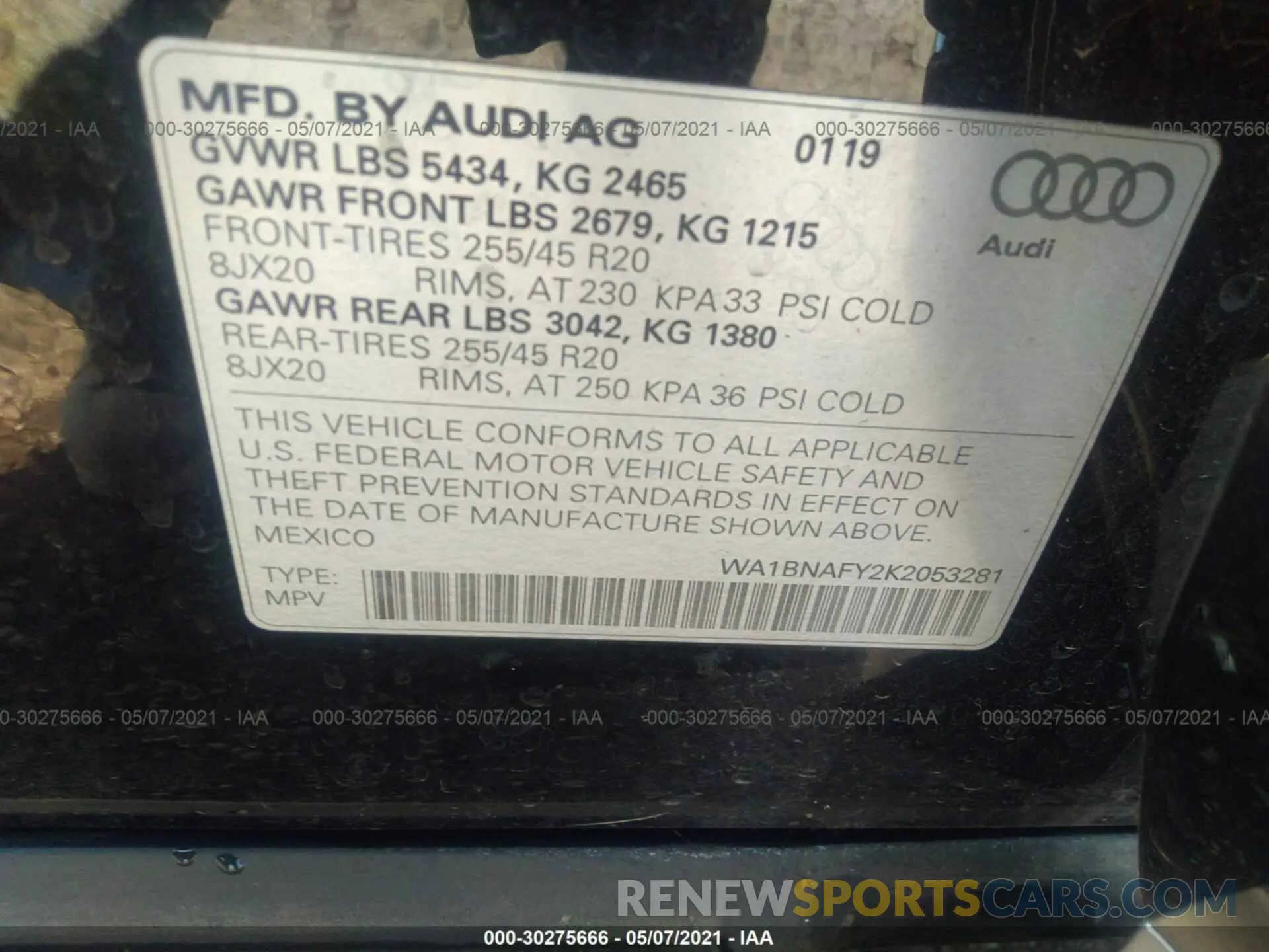 9 fotografías del automóvil dañado WA1BNAFY2K2053281 AUDI Q5 2019