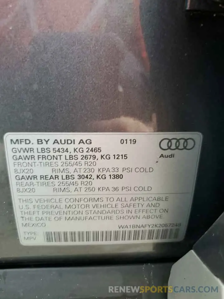 14 fotografías del automóvil dañado WA1BNAFY2K2057248 AUDI Q5 2019