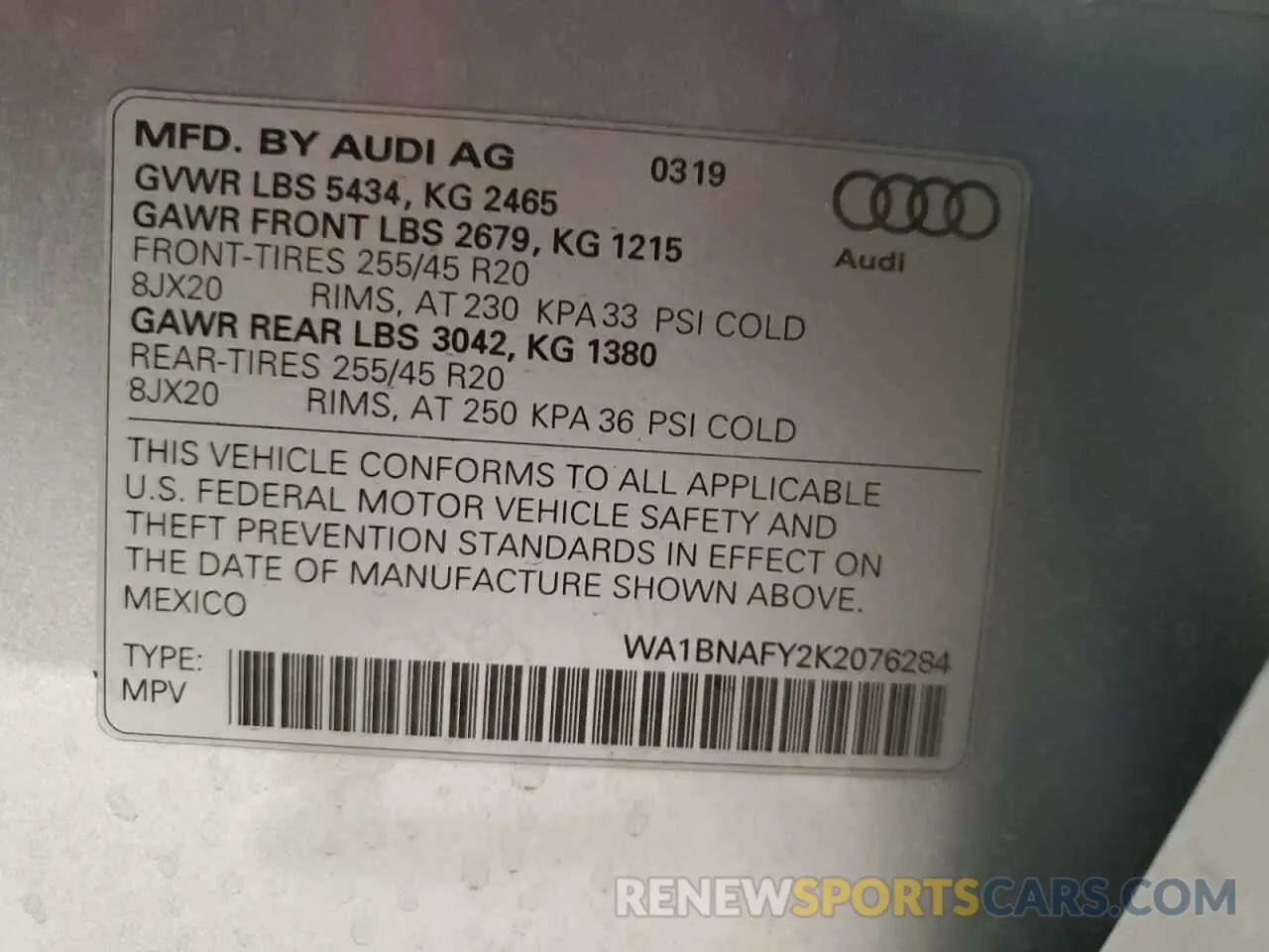 12 fotografías del automóvil dañado WA1BNAFY2K2076284 AUDI Q5 2019