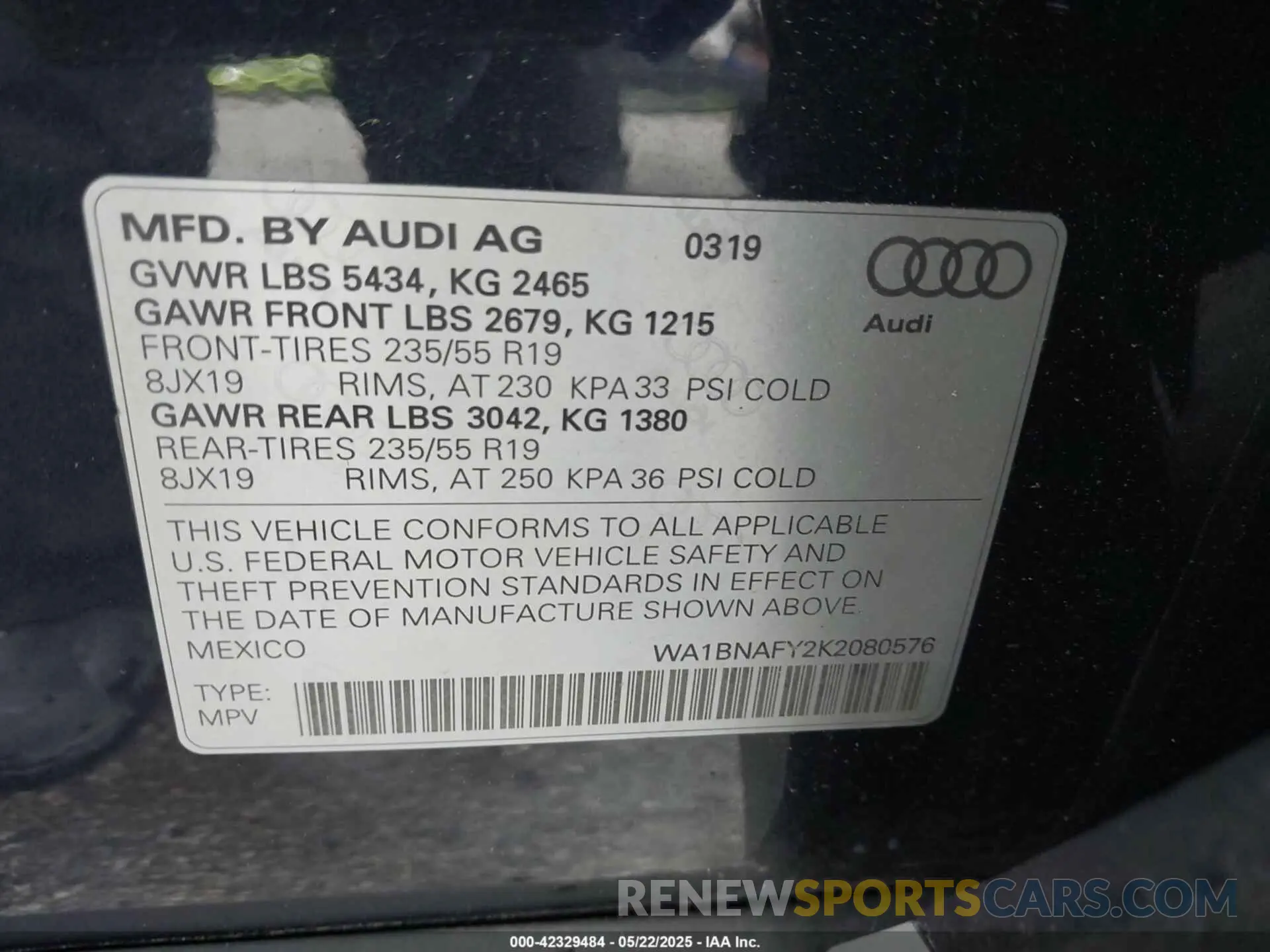 9 fotografías del automóvil dañado WA1BNAFY2K2080576 AUDI Q5 2019