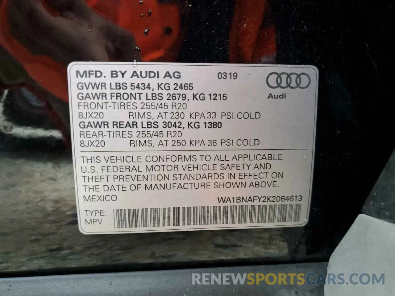 10 fotografías del automóvil dañado WA1BNAFY2K2084613 AUDI Q5 2019