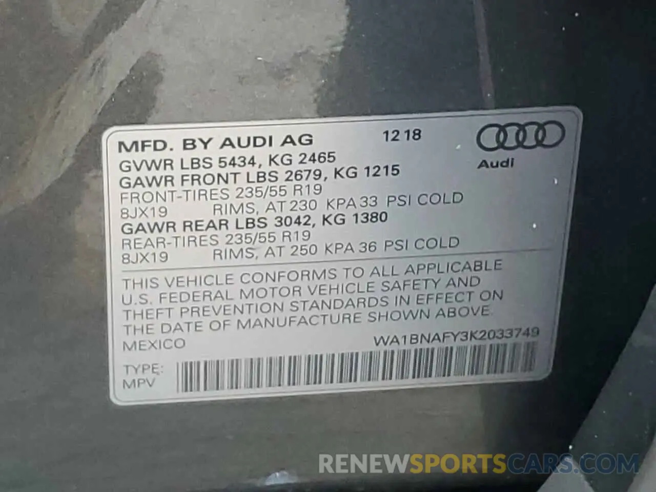 13 fotografías del automóvil dañado WA1BNAFY3K2033749 AUDI Q5 2019