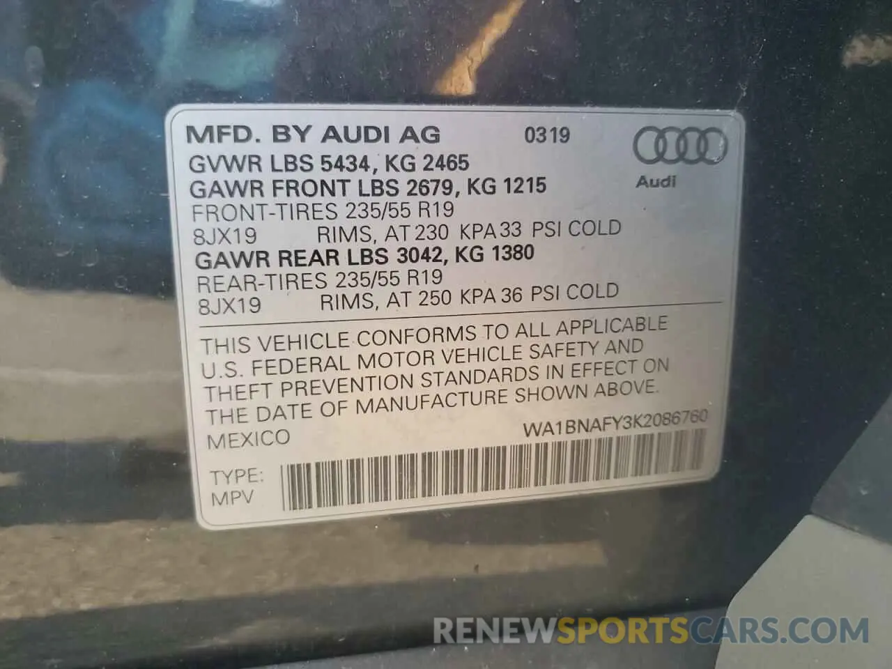 13 fotografías del automóvil dañado WA1BNAFY3K2086760 AUDI Q5 2019