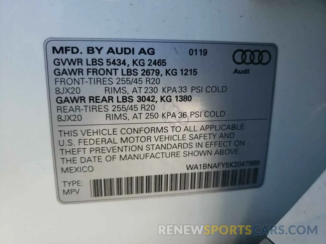 10 fotografías del automóvil dañado WA1BNAFY5K2047989 AUDI Q5 2019