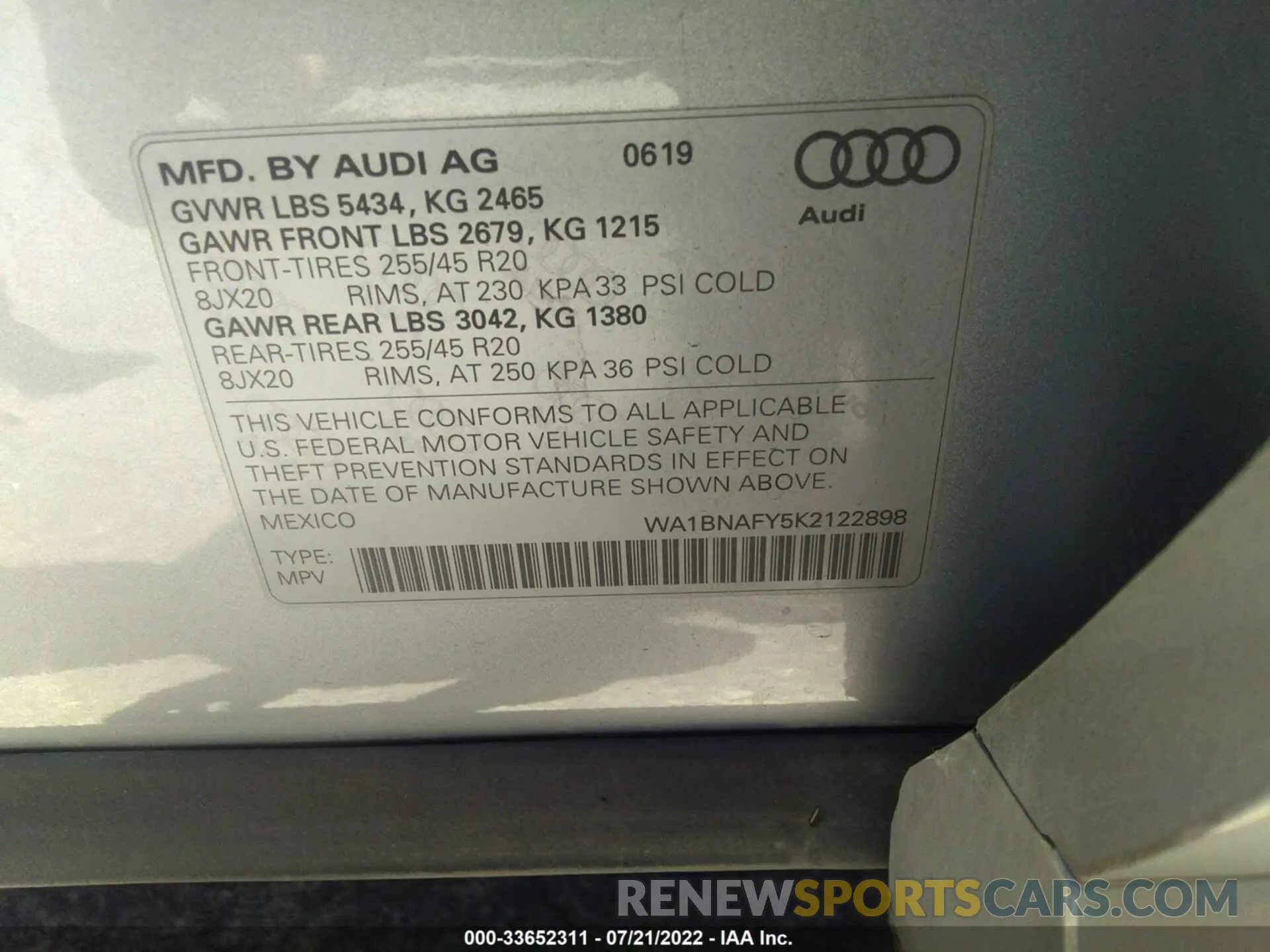 9 fotografías del automóvil dañado WA1BNAFY5K2122898 AUDI Q5 2019