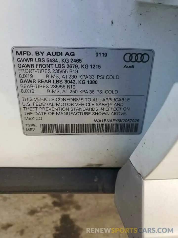 14 fotografías del automóvil dañado WA1BNAFY6K2057026 AUDI Q5 2019