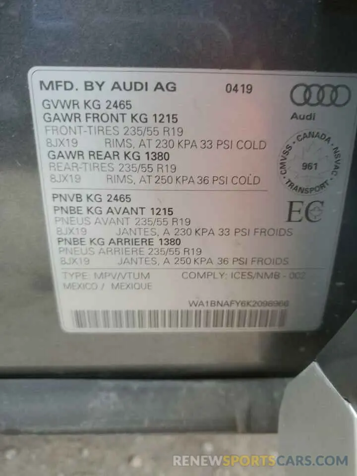 14 fotografías del automóvil dañado WA1BNAFY6K2098966 AUDI Q5 2019