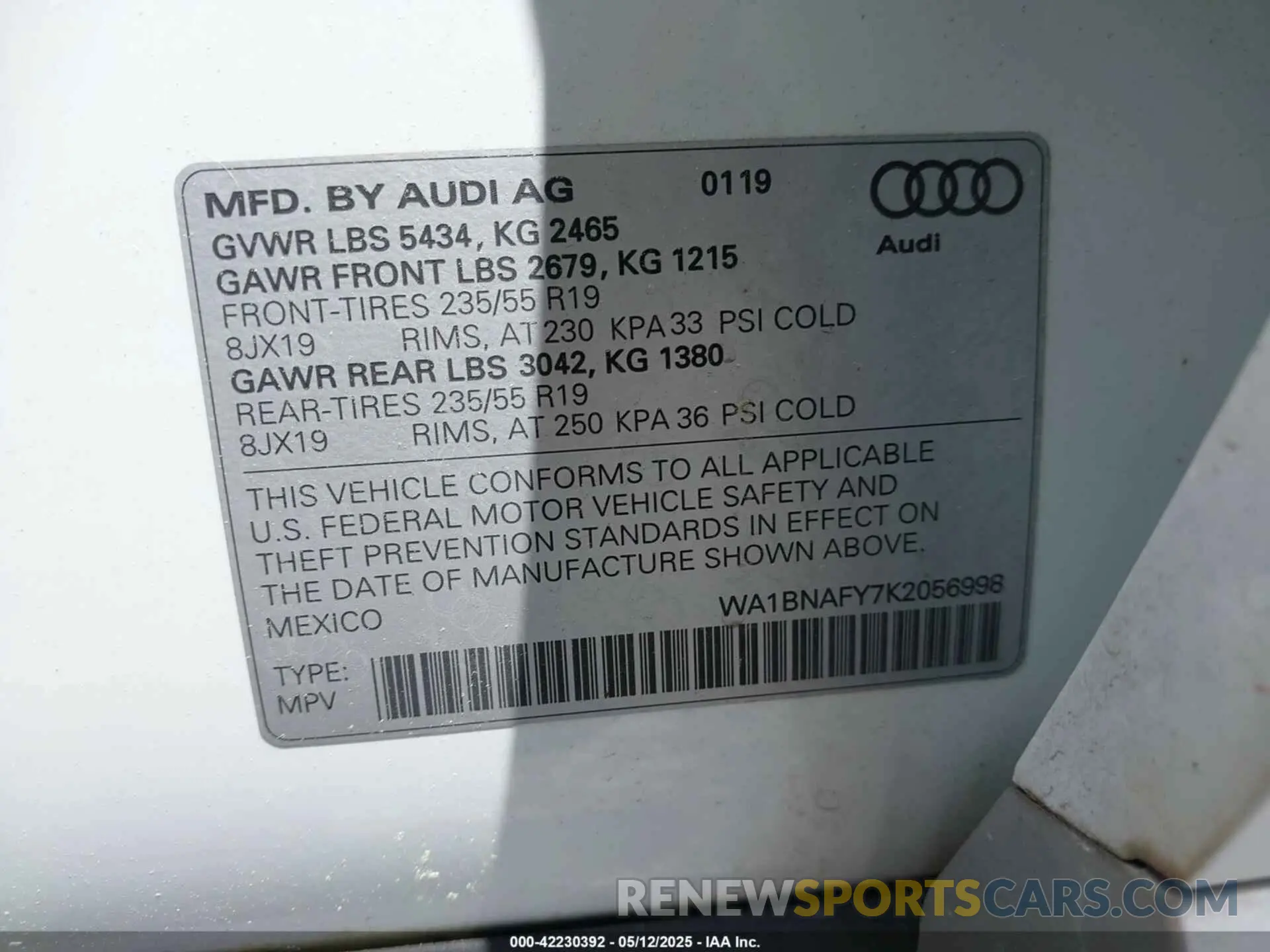 9 fotografías del automóvil dañado WA1BNAFY7K2056998 AUDI Q5 2019