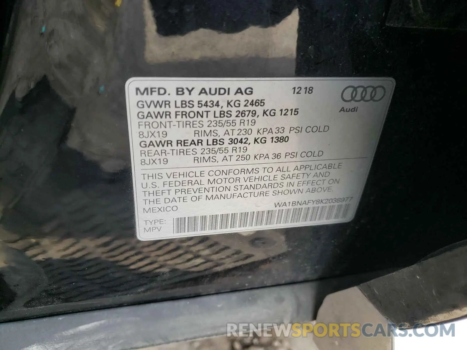 10 fotografías del automóvil dañado WA1BNAFY8K2038977 AUDI Q5 2019