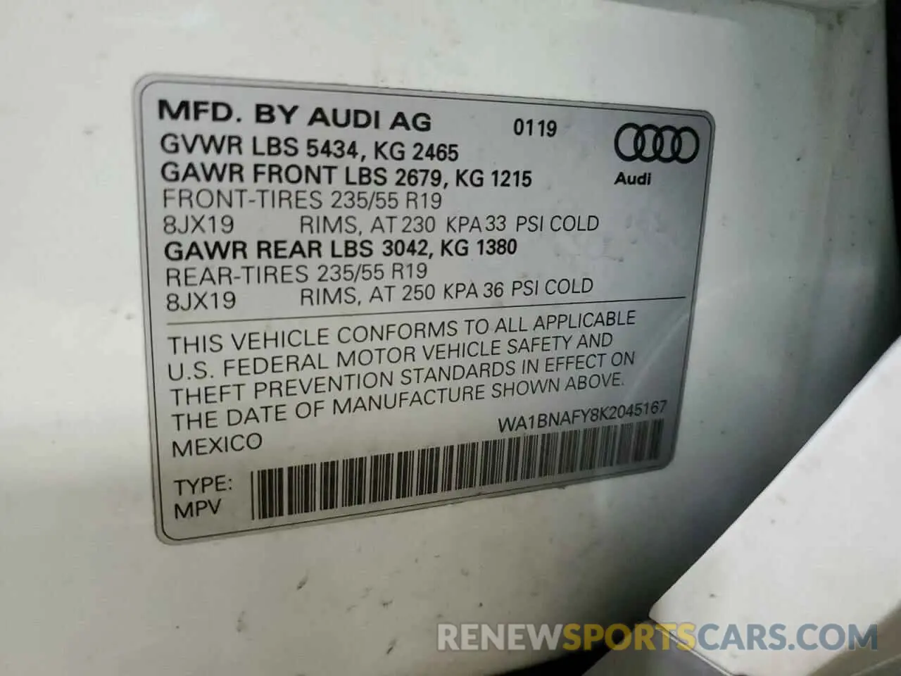 13 fotografías del automóvil dañado WA1BNAFY8K2045167 AUDI Q5 2019