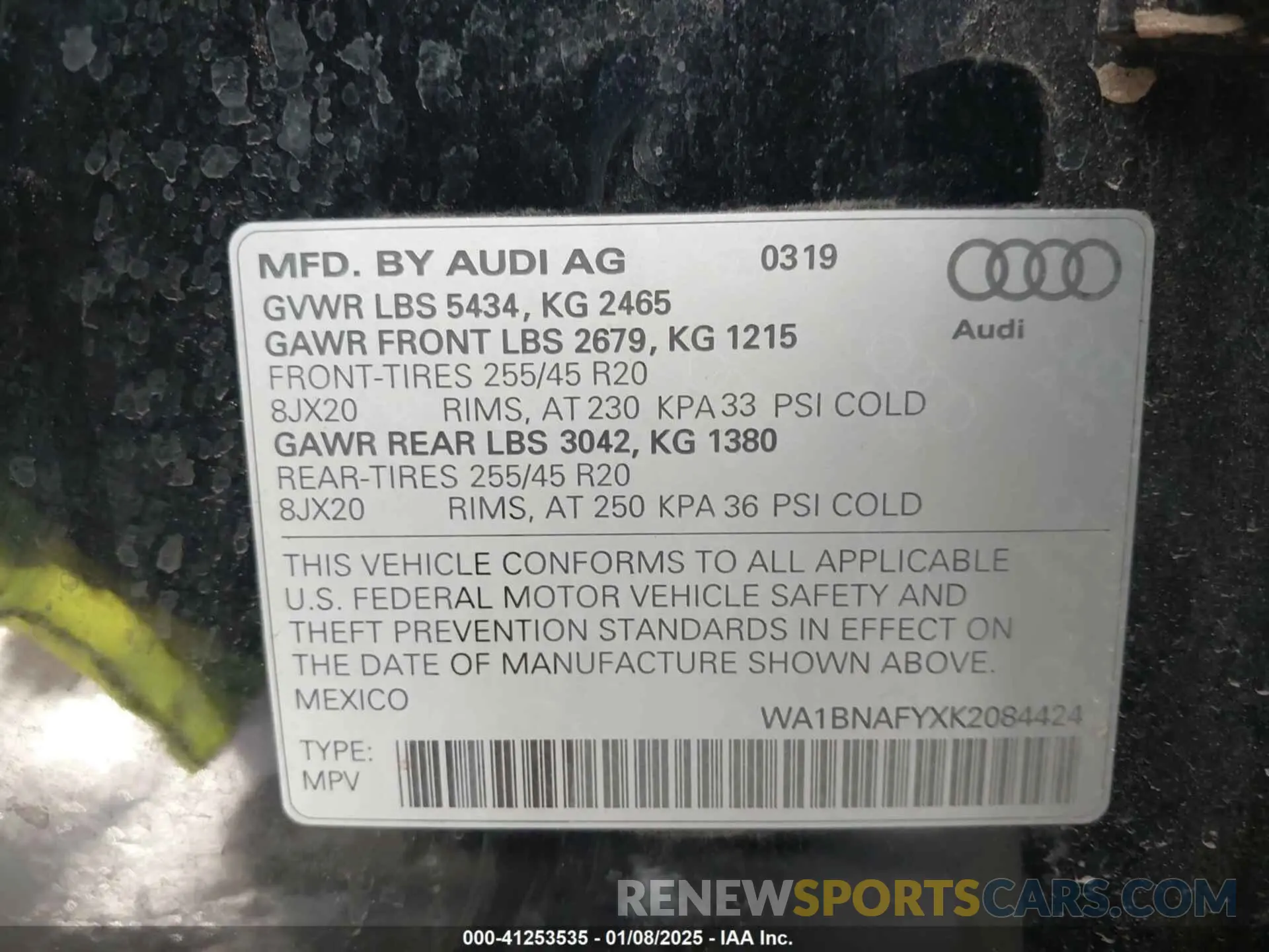 9 fotografías del automóvil dañado WA1BNAFYXK2084424 AUDI Q5 2019