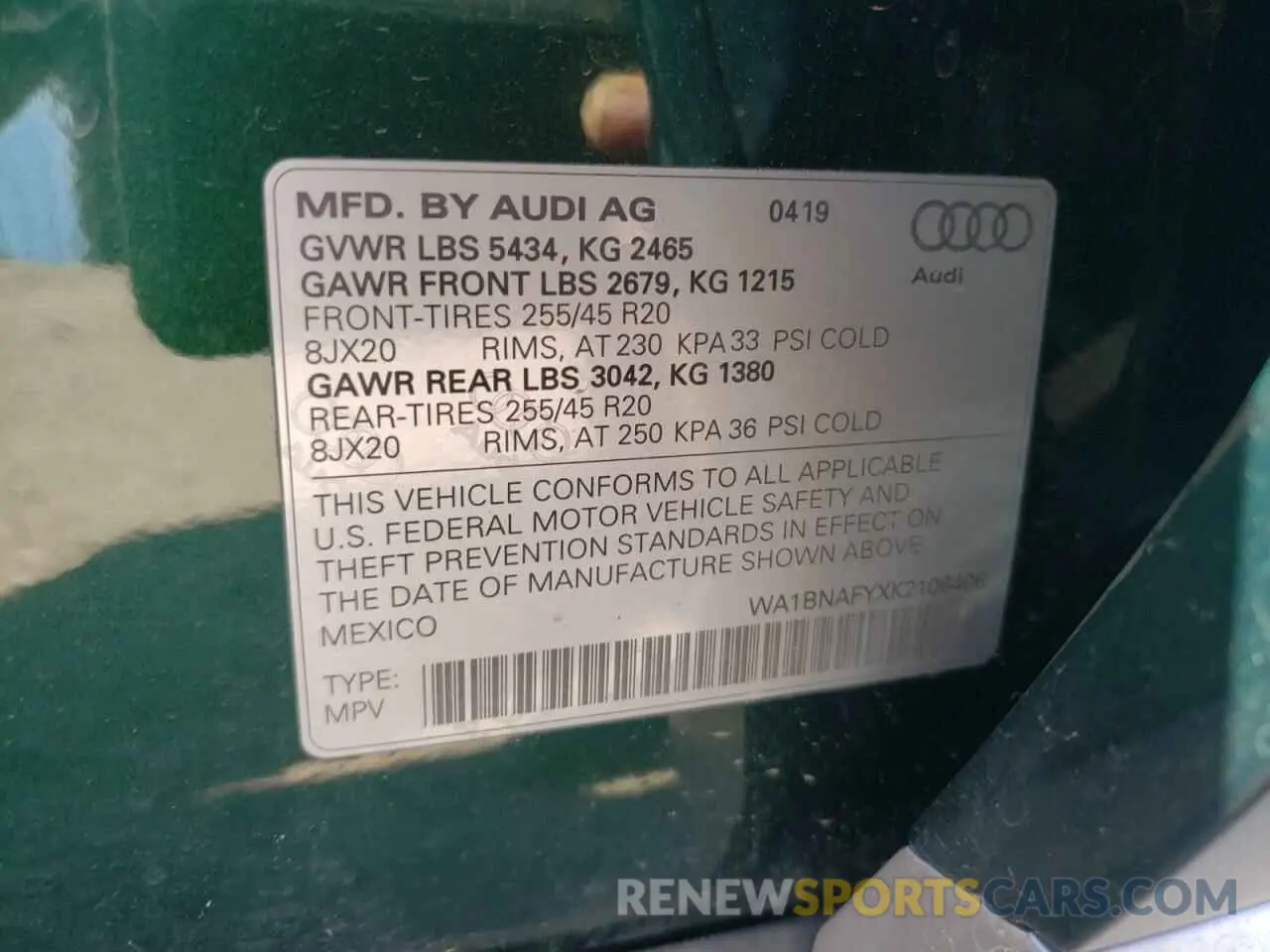 10 fotografías del automóvil dañado WA1BNAFYXK2106406 AUDI Q5 2019