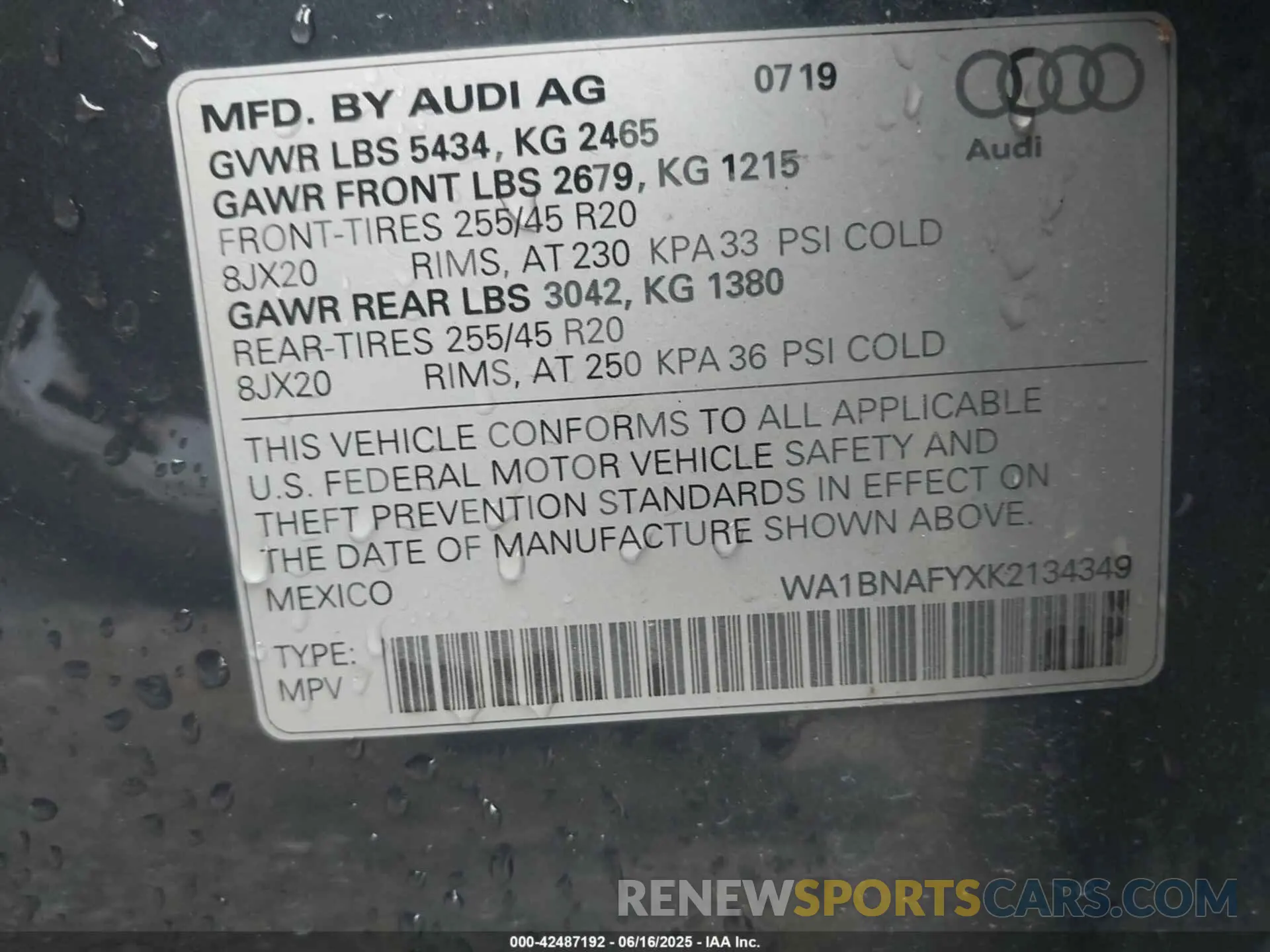 9 fotografías del automóvil dañado WA1BNAFYXK2134349 AUDI Q5 2019