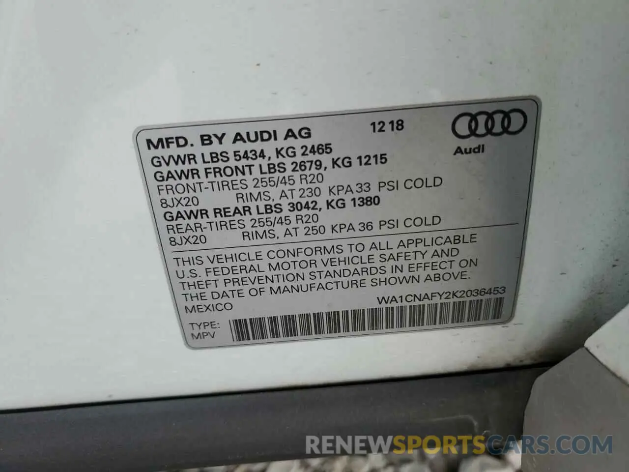 13 fotografías del automóvil dañado WA1CNAFY2K2036453 AUDI Q5 2019
