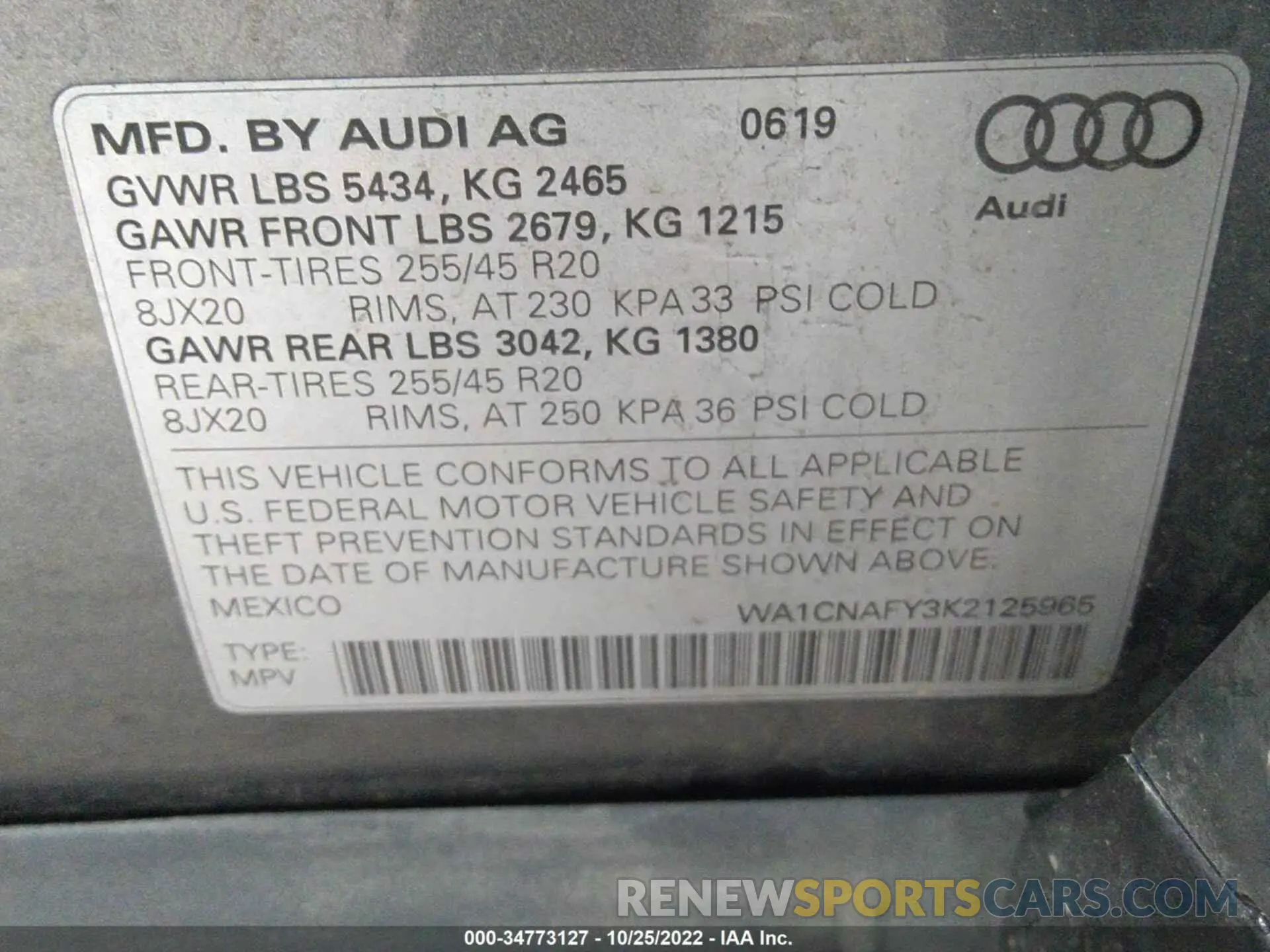 9 fotografías del automóvil dañado WA1CNAFY3K2125965 AUDI Q5 2019