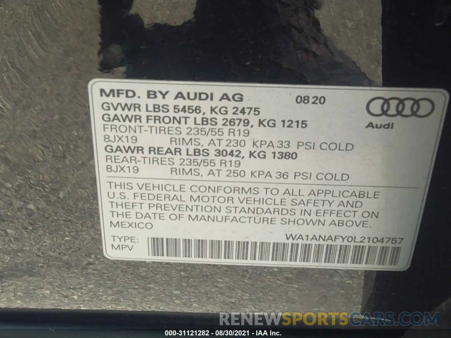 9 fotografías del automóvil dañado WA1ANAFY0L2104757 AUDI Q5 2020