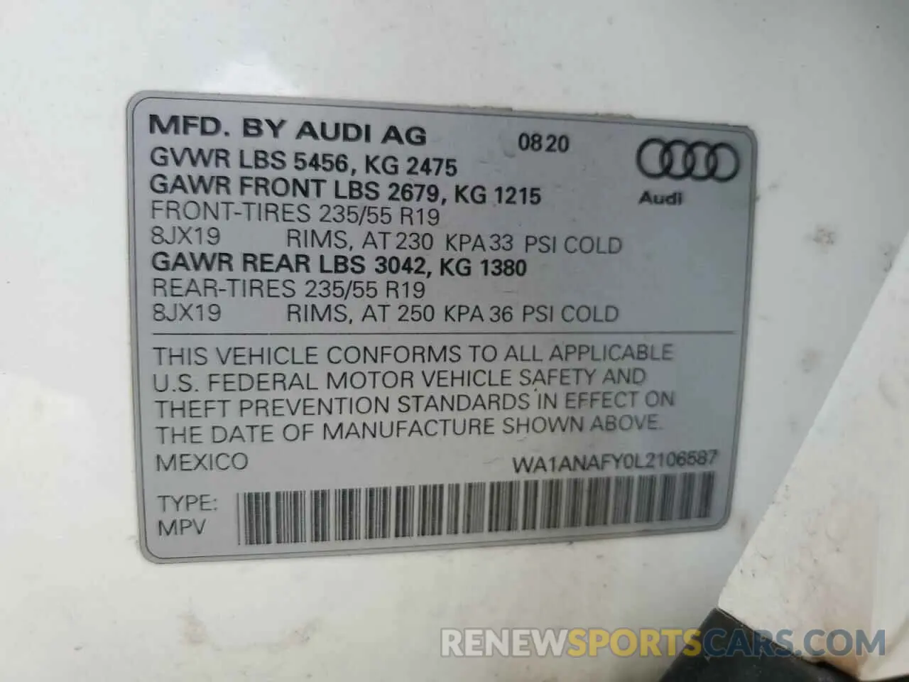 14 fotografías del automóvil dañado WA1ANAFY0L2106587 AUDI Q5 2020
