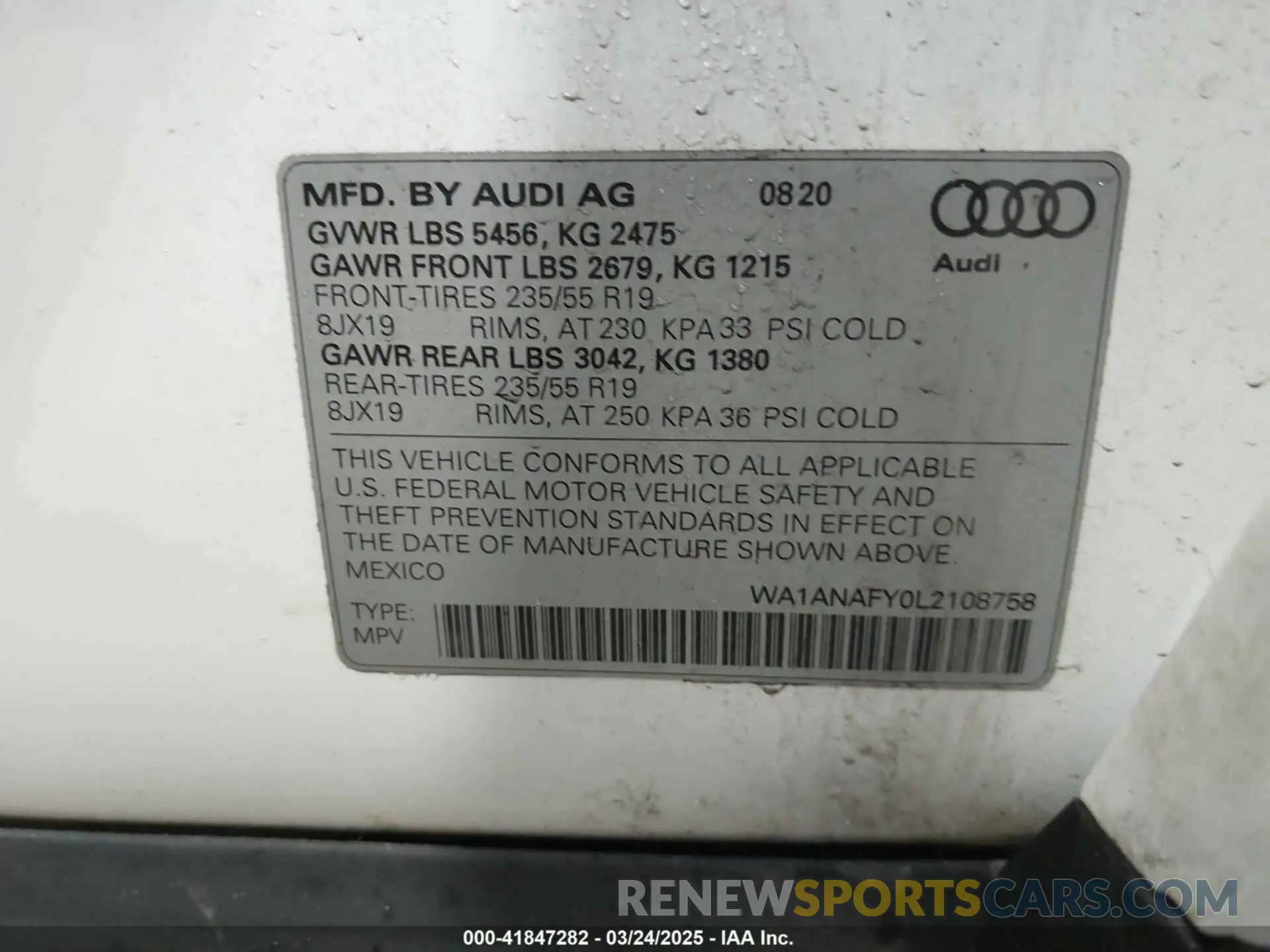 9 fotografías del automóvil dañado WA1ANAFY0L2108758 AUDI Q5 2020