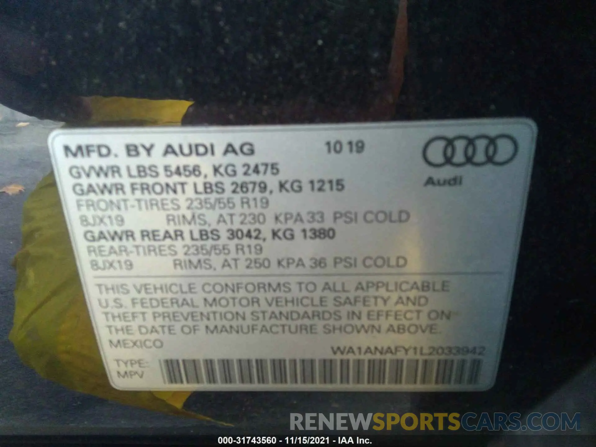 9 fotografías del automóvil dañado WA1ANAFY1L2033942 AUDI Q5 2020