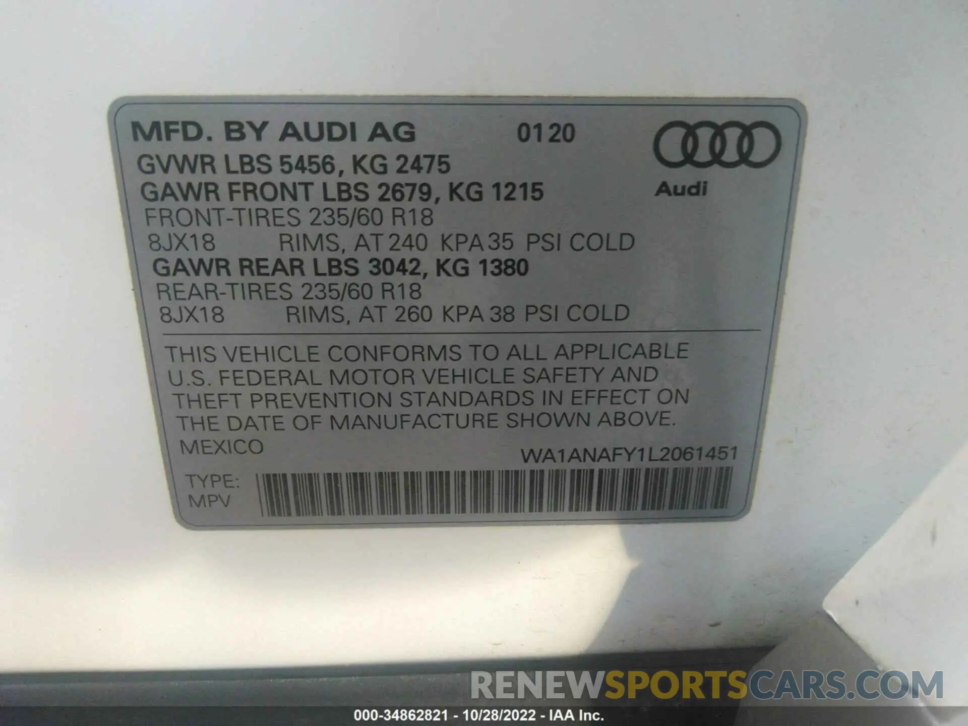 9 fotografías del automóvil dañado WA1ANAFY1L2061451 AUDI Q5 2020