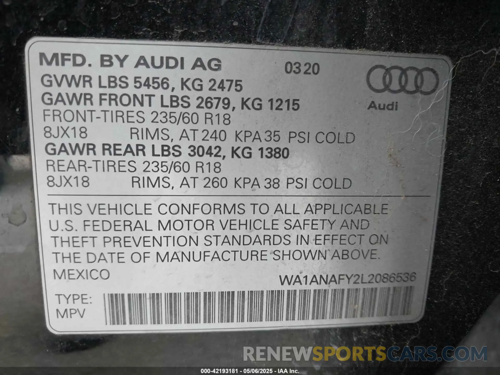 9 fotografías del automóvil dañado WA1ANAFY2L2086536 AUDI Q5 2020