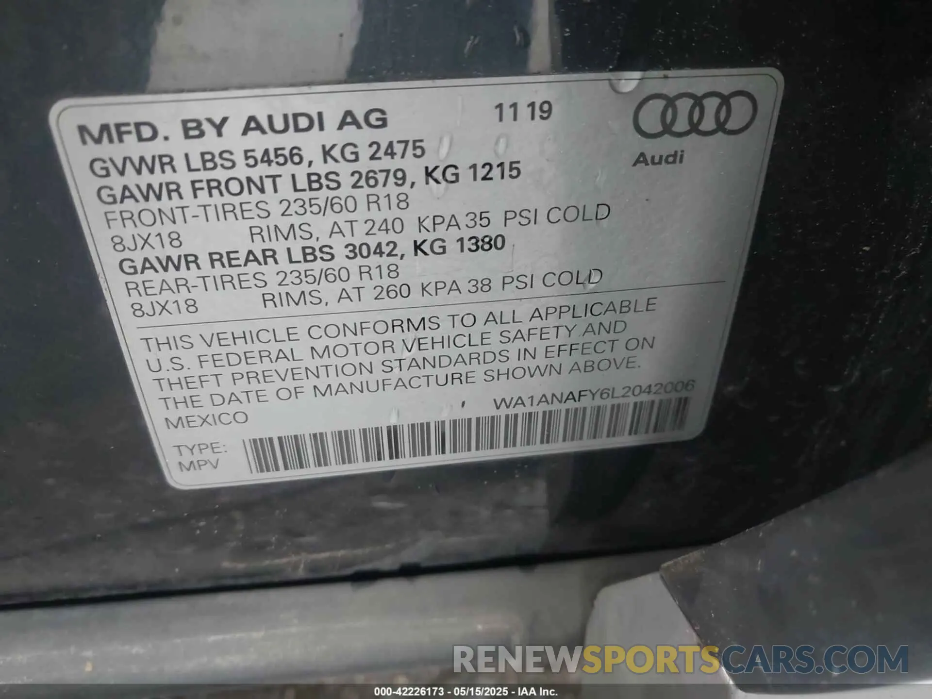 9 fotografías del automóvil dañado WA1ANAFY6L2042006 AUDI Q5 2020