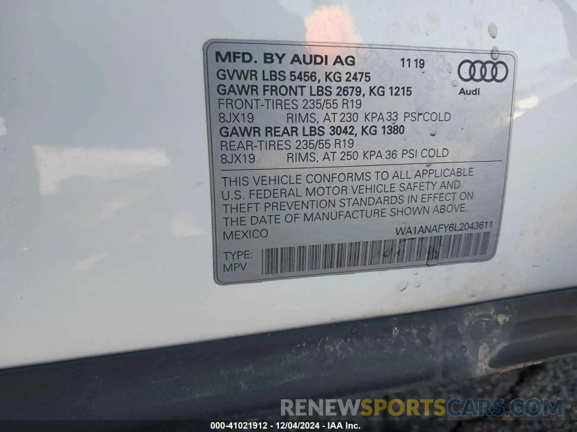9 fotografías del automóvil dañado WA1ANAFY6L2043611 AUDI Q5 2020