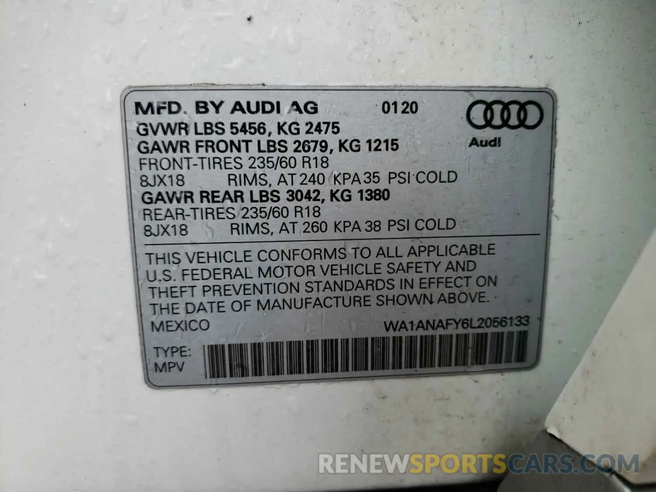 10 fotografías del automóvil dañado WA1ANAFY6L2056133 AUDI Q5 2020