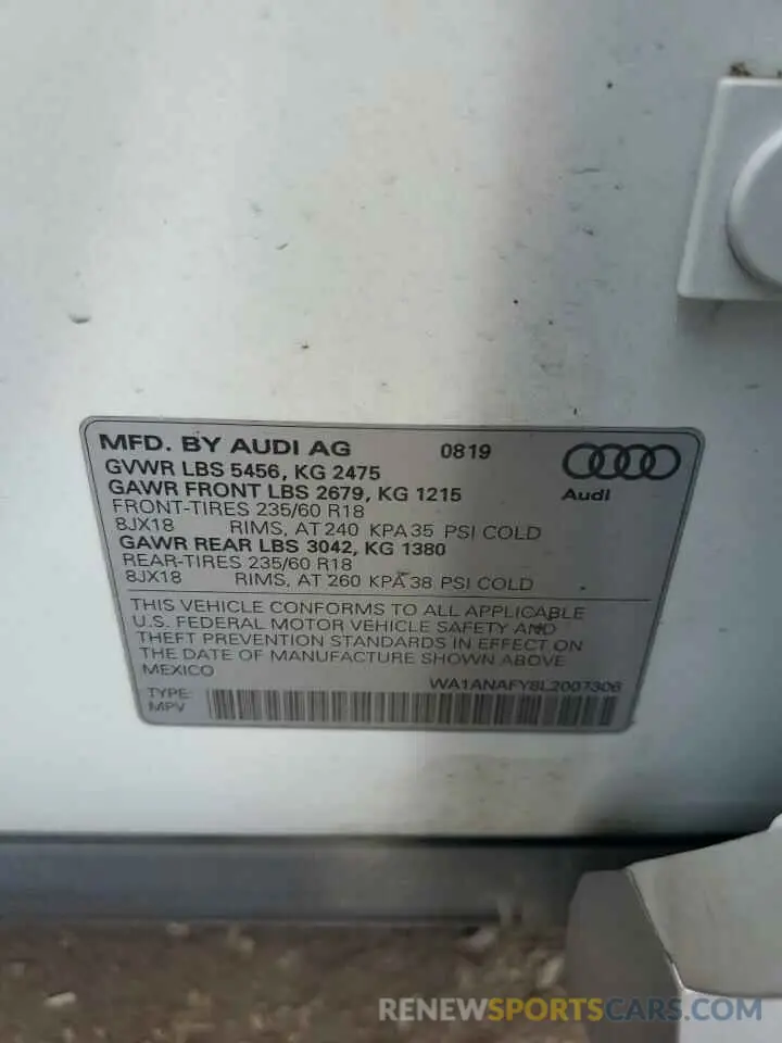 10 fotografías del automóvil dañado WA1ANAFY8L2007306 AUDI Q5 2020